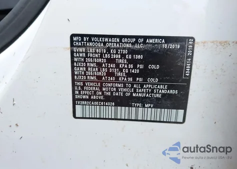 2019 Volkswagen Atlas 3.6L V6 Sel R-Line z USA, uszkodzony, nr VIN 1V2RR2CA0KC614026